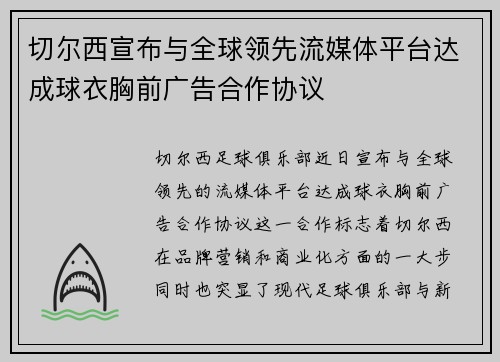 切尔西宣布与全球领先流媒体平台达成球衣胸前广告合作协议
